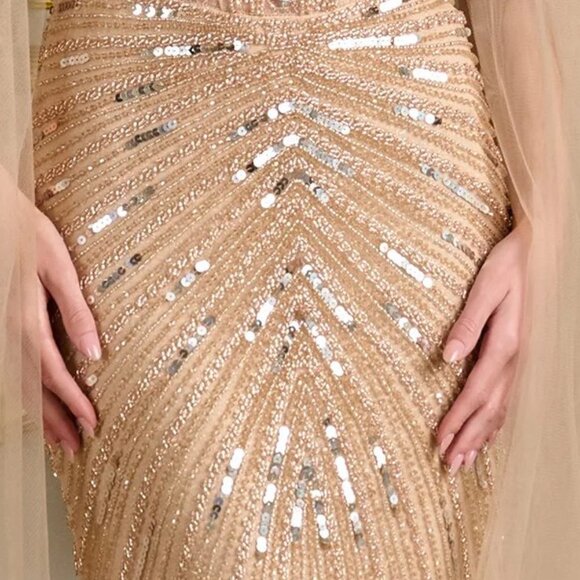 New Champagne Pageant Sheath Gown w/ Cape Sleeves & Dazzling Beadwork GL3665 - Picture 7 of 14